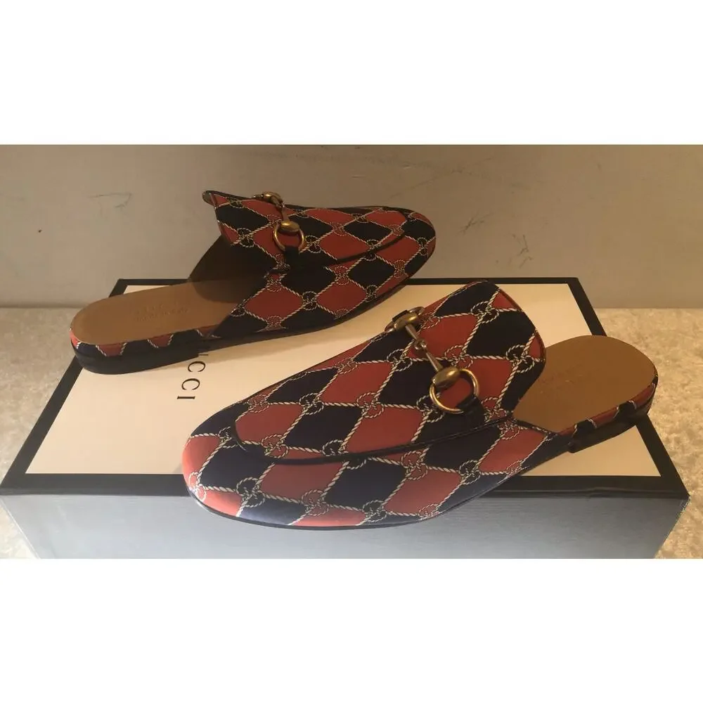 NIB Gucci Princetown Rhombus Chain-Print Horsebit Mules Size 5.5EU/6.5US $790.00